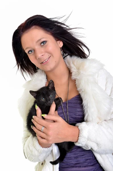 Mulher feliz com gato — Fotografia de Stock