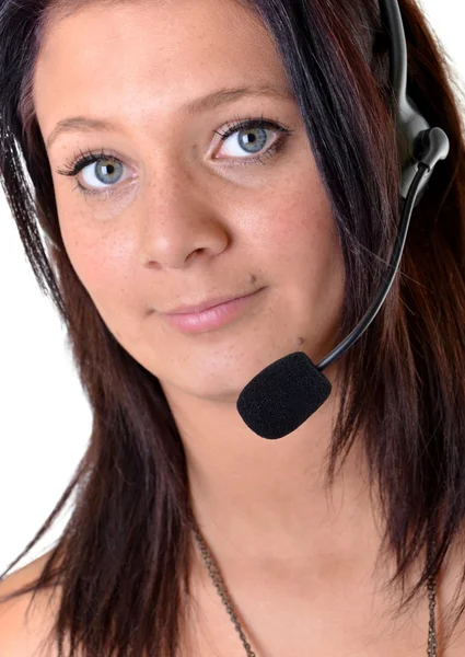 Gyönyörű ügyfél szolgáltatás üzemeltetője nő, fülhallgató, elszigetelt fehér b — Stock Fotó