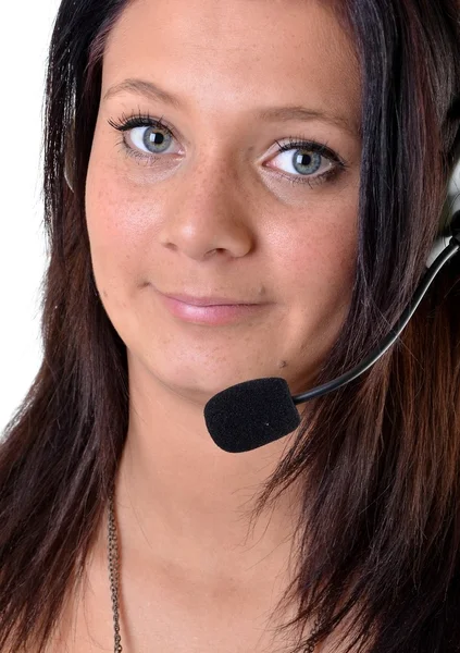 Vackra kund tjänst operatör kvinna med headset, isolerad på vita b — Stockfoto