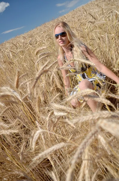 Szczęśliwa kobieta w polu pszenicy złotej — Zdjęcie stockowe