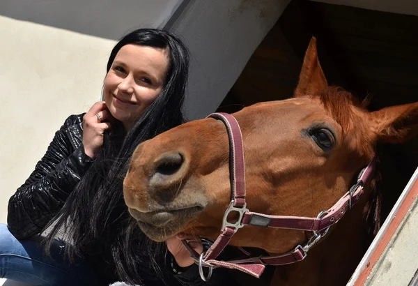 Menina feliz abraçando cavalo marrom — Fotografia de Stock