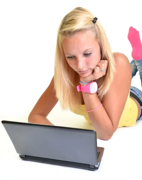 Blonde girl with laptop — Stock Photo, Image