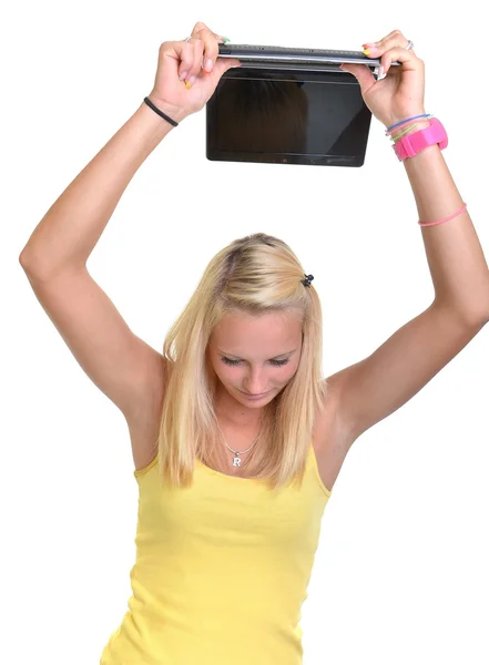 Chica rubia con portátil — Foto de Stock