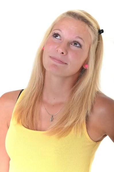 Portret zmysłowy blond kobieta młody na białym tle — Zdjęcie stockowe