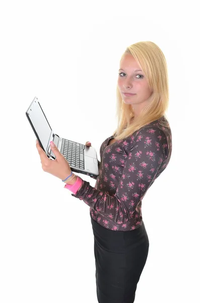 Chica rubia con portátil — Foto de Stock