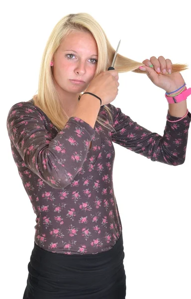 Blondýnka s nožem izolovaných na bílém pozadí — Stock fotografie