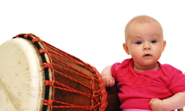 Bebê com tambor sobre branco — Fotografia de Stock