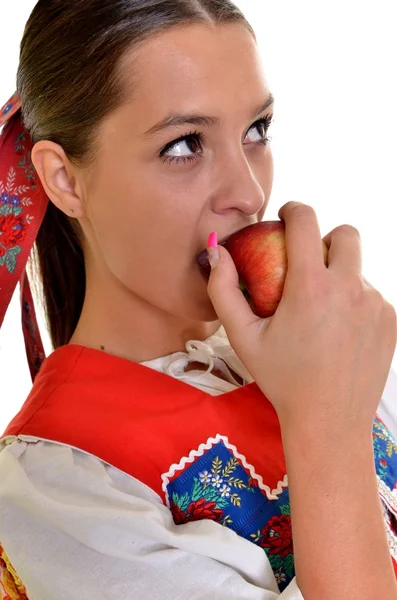 Retrato de jovem mulher bonita com maçãs — Fotografia de Stock