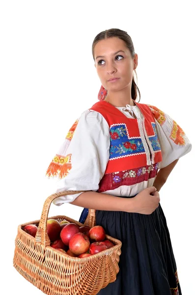 Porträtt av ung vacker kvinna med äpplen — Stockfoto