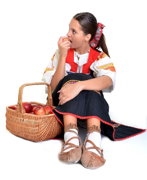 Retrato de una joven hermosa mujer con manzanas —  Fotos de Stock