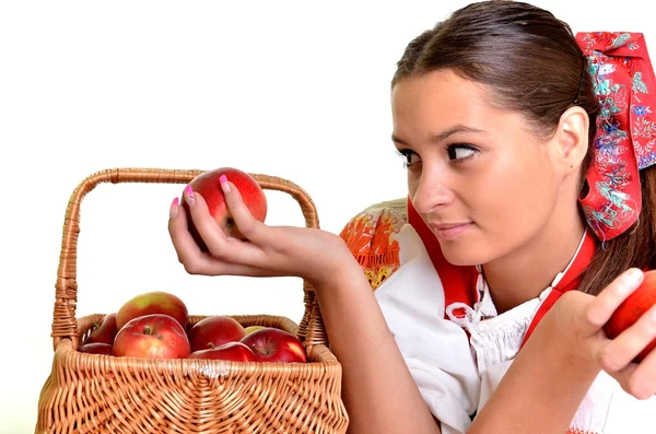 Portré, fiatal, gyönyörű nő almával — Stock Fotó