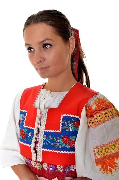 Aantrekkelijke vrouw draagt Slowaakse nationale jurk — Stockfoto