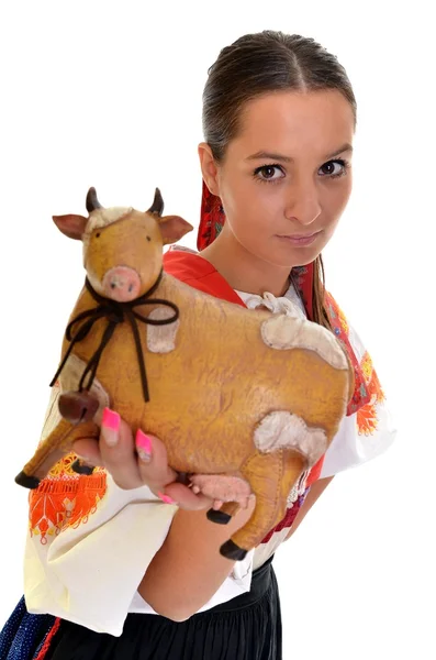 Mulher com vaca cerâmica — Fotografia de Stock