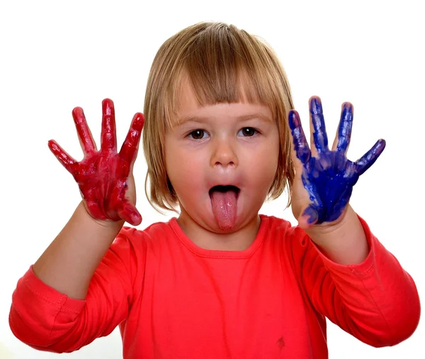 Little girl with paint over white background — Stock Photo, Image