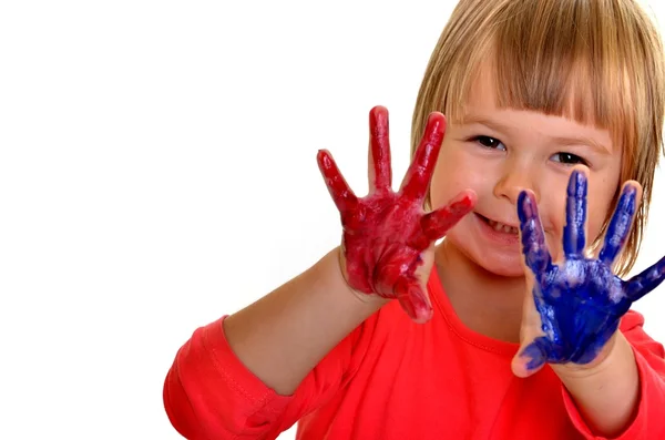 Bambina con vernice su sfondo bianco — Foto Stock