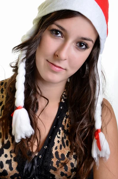 Красива різдвяна жінка в капелюсі Санта тримає порожню дошку — стокове фото