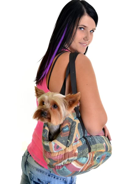 Jovem mulher com um pequeno cão — Fotografia de Stock