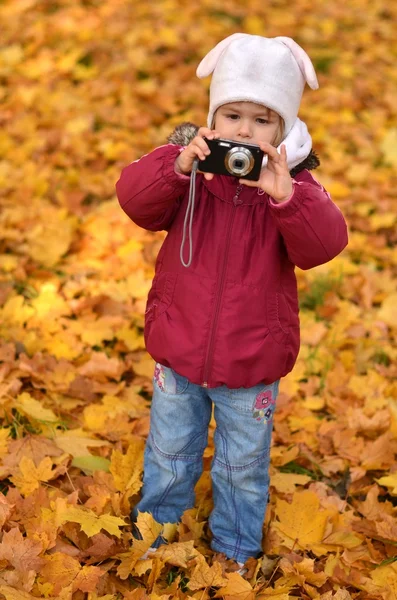 Νεαρό κορίτσι με κάμερα στο πάρκο φθινόπωρο — Φωτογραφία Αρχείου