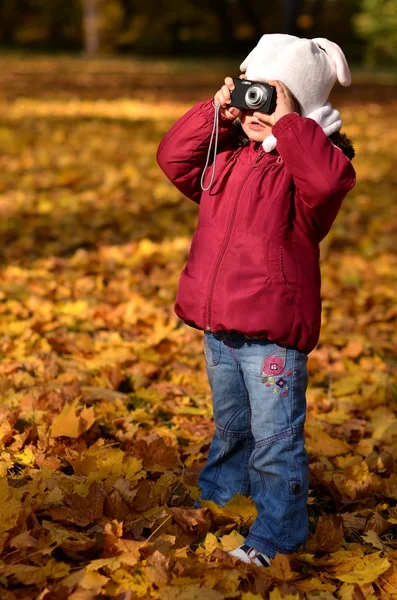 Chica joven con cámara en el parque de otoño — Foto de Stock