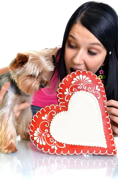 Young woman and sweet puppy with gingerbread heart — Stock Photo, Image