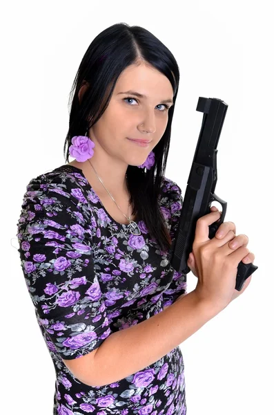 흰색 배경에 고립 된 총을 가진 여자 — 스톡 사진