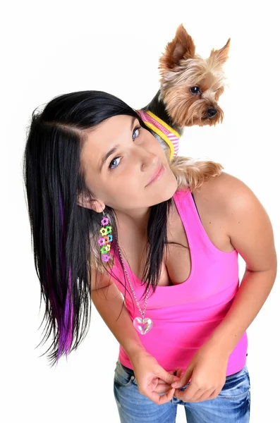 Woman and yorkshire terrier isolated on white background — Stock Photo, Image