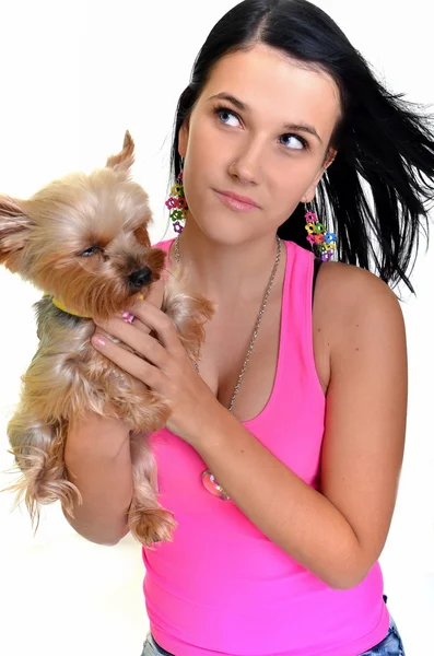 Woman and yorkshire terrier isolated on white background — Stock Photo, Image