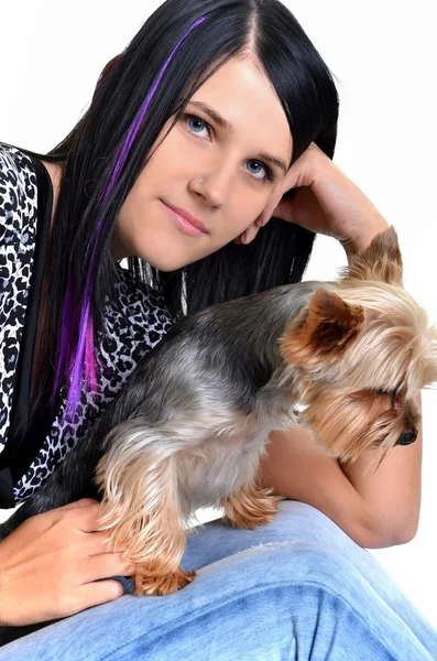 Girl playing with puppy dog — Stock Photo, Image