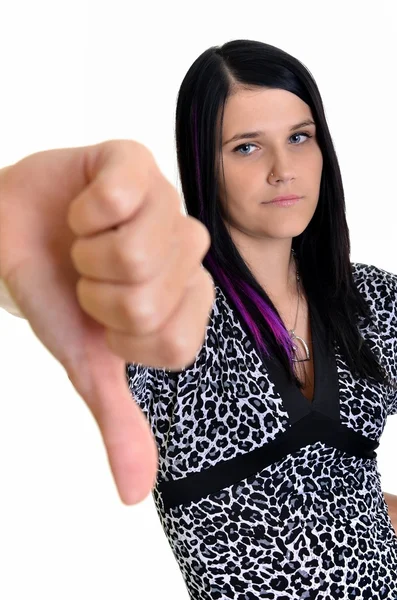 Young woman with thumb down — Stock Photo, Image