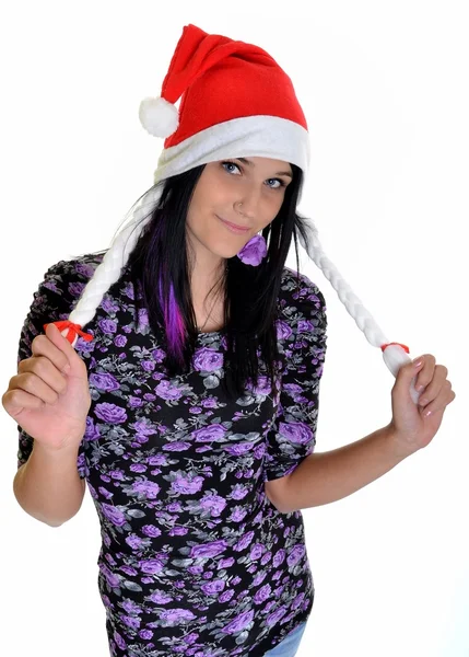 Jul kvinna i santa mössa — Stockfoto