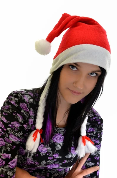 크리스마스 산타 모자에 있는 여자 — 스톡 사진