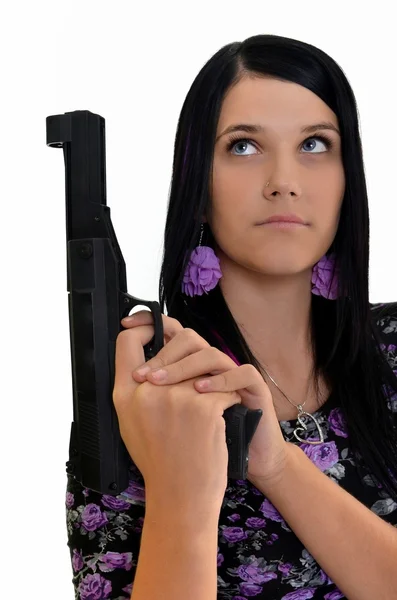 Жінка з пістолетом ізольована на білому тлі — стокове фото