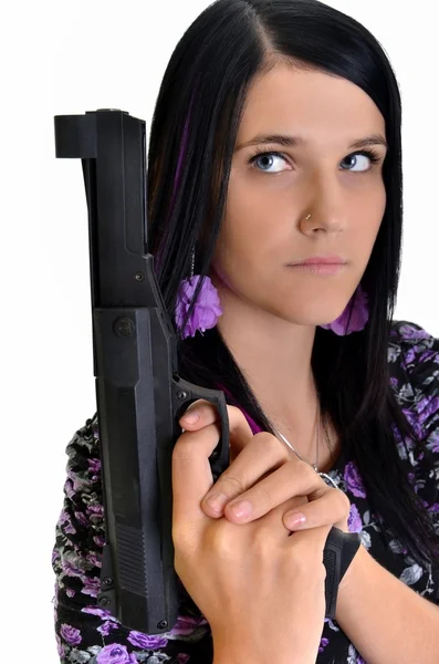 Жінка з пістолетом ізольована на білому тлі — стокове фото