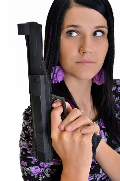 Kobieta z pistoletu na białym tle na białym tle — Zdjęcie stockowe