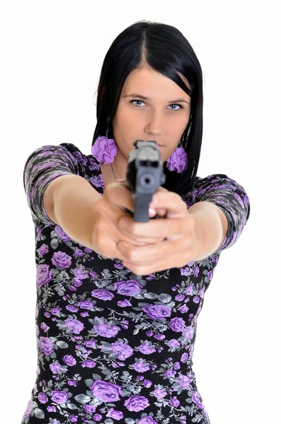 흰색 배경에 고립 된 총을 가진 여자 — 스톡 사진