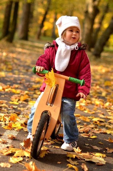 Bebek bir sonbahar park binicilik bisiklet — Stok fotoğraf