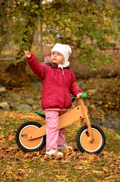 Bebê em um parque de outono andar de bicicleta — Fotografia de Stock