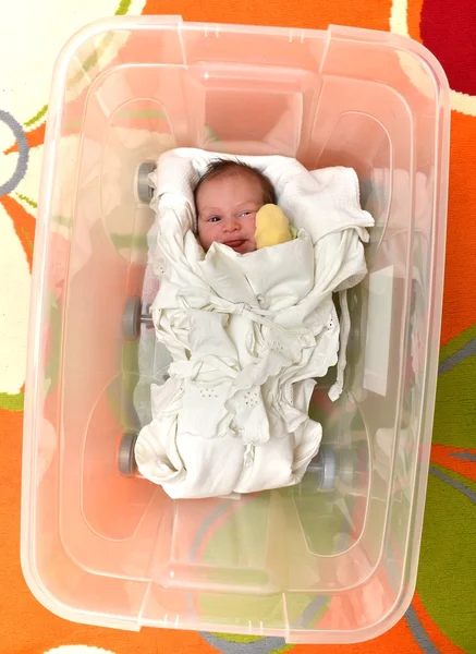 Newborn baby in open plastic box — Stok fotoğraf