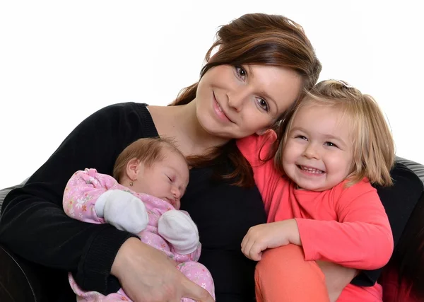 Imagem de mãe feliz com suas filhas sobre branco — Fotografia de Stock