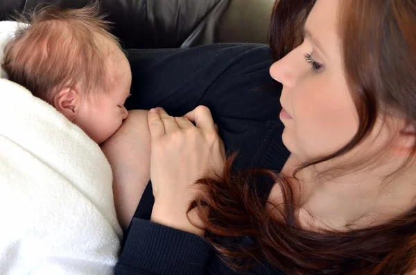 Madre che allatta il suo neonato con il seno - al chiuso — Foto Stock
