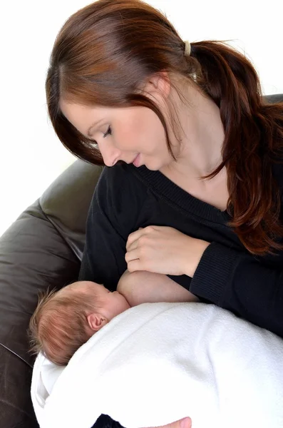 유 방-실내 그녀의 갓난 아기를 먹이 어머니 — 스톡 사진