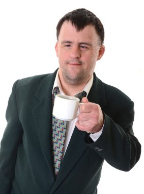 Down syndrome man with coffee clipart