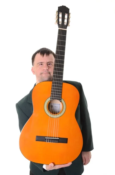 Downův syndrom muž s kytarou — Stock fotografie