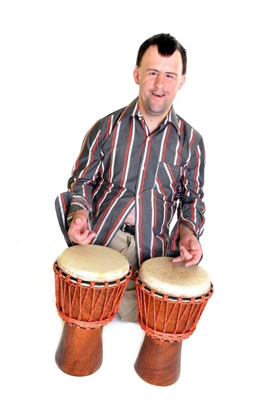 Šťastný muž s Downovým syndromem na muzikoterapie. — Stock fotografie