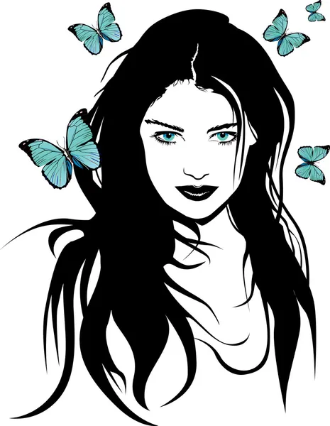 Belleza chica con mariposas en su pelo — Vector de stock