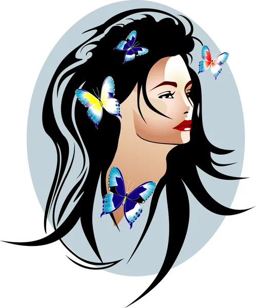 Ομορφιά κορίτσι με πεταλούδες στα μαλλιά της — Διανυσματικό Αρχείο