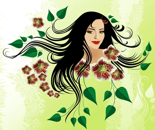 Menina de beleza com borboletas em seu cabelo — Vetor de Stock