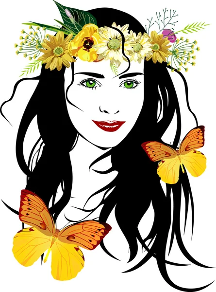 Menina de beleza com borboletas em seu cabelo Gráficos De Vetores