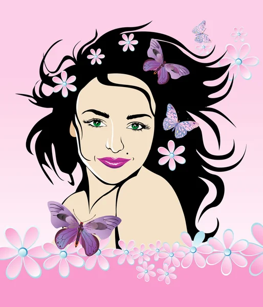 Ομορφιά κορίτσι με πεταλούδες στα μαλλιά της — Διανυσματικό Αρχείο
