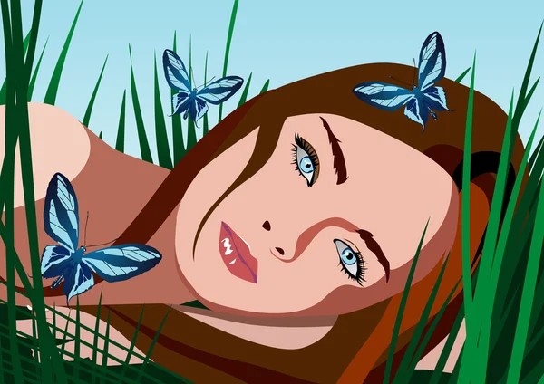 Schoonheid meisje met vlinders in haar haren — Stockvector